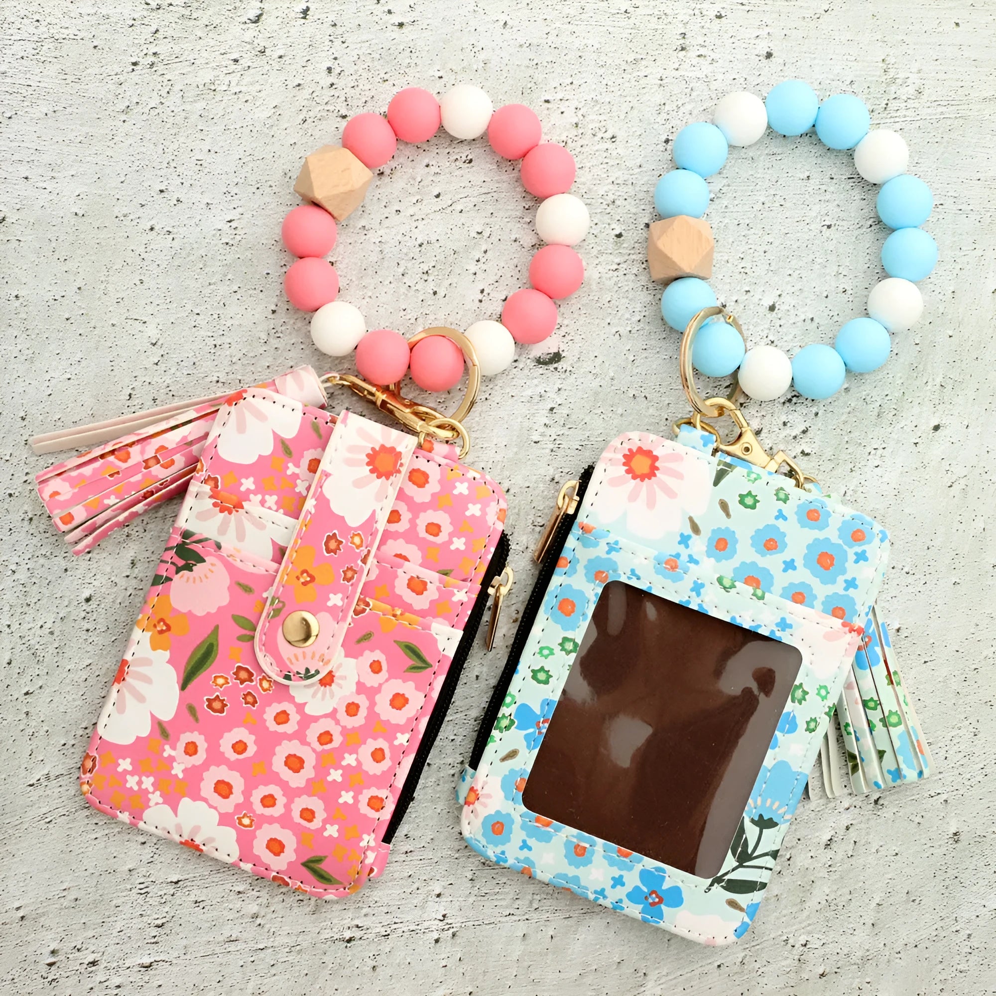 Women's floral print leather card bag in light pink, modern style card holder