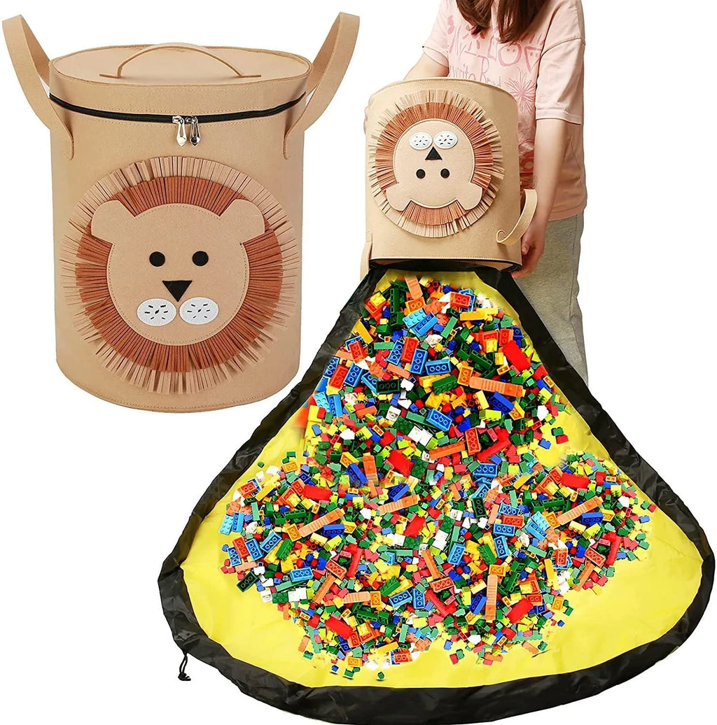 Green felt cube storage bag with pull rope closure opened as play mat