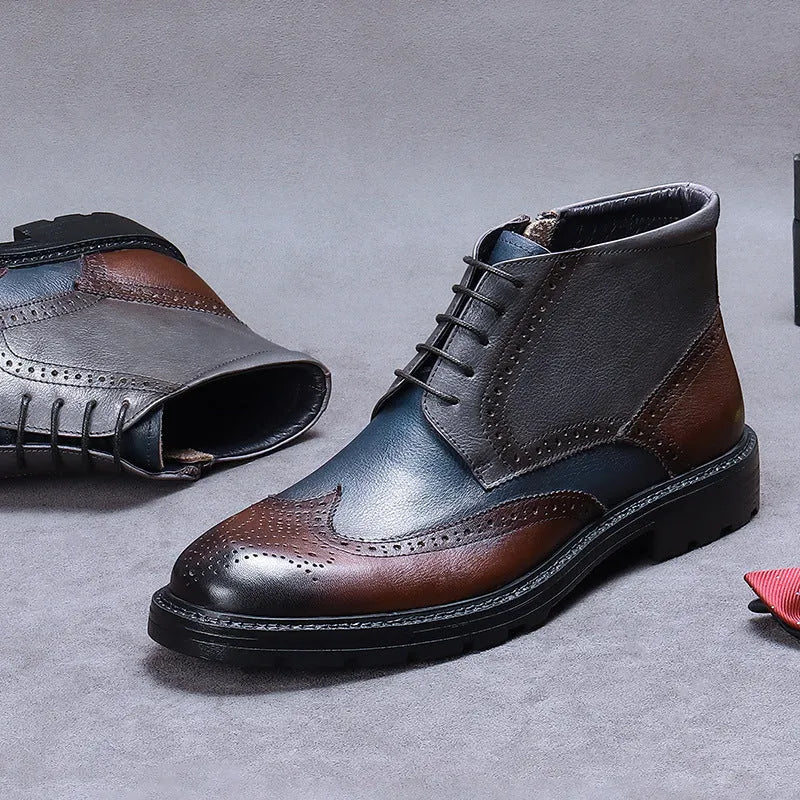 Men's curry blue cowhide leather brogue boots with front lacing and decorative stitching
