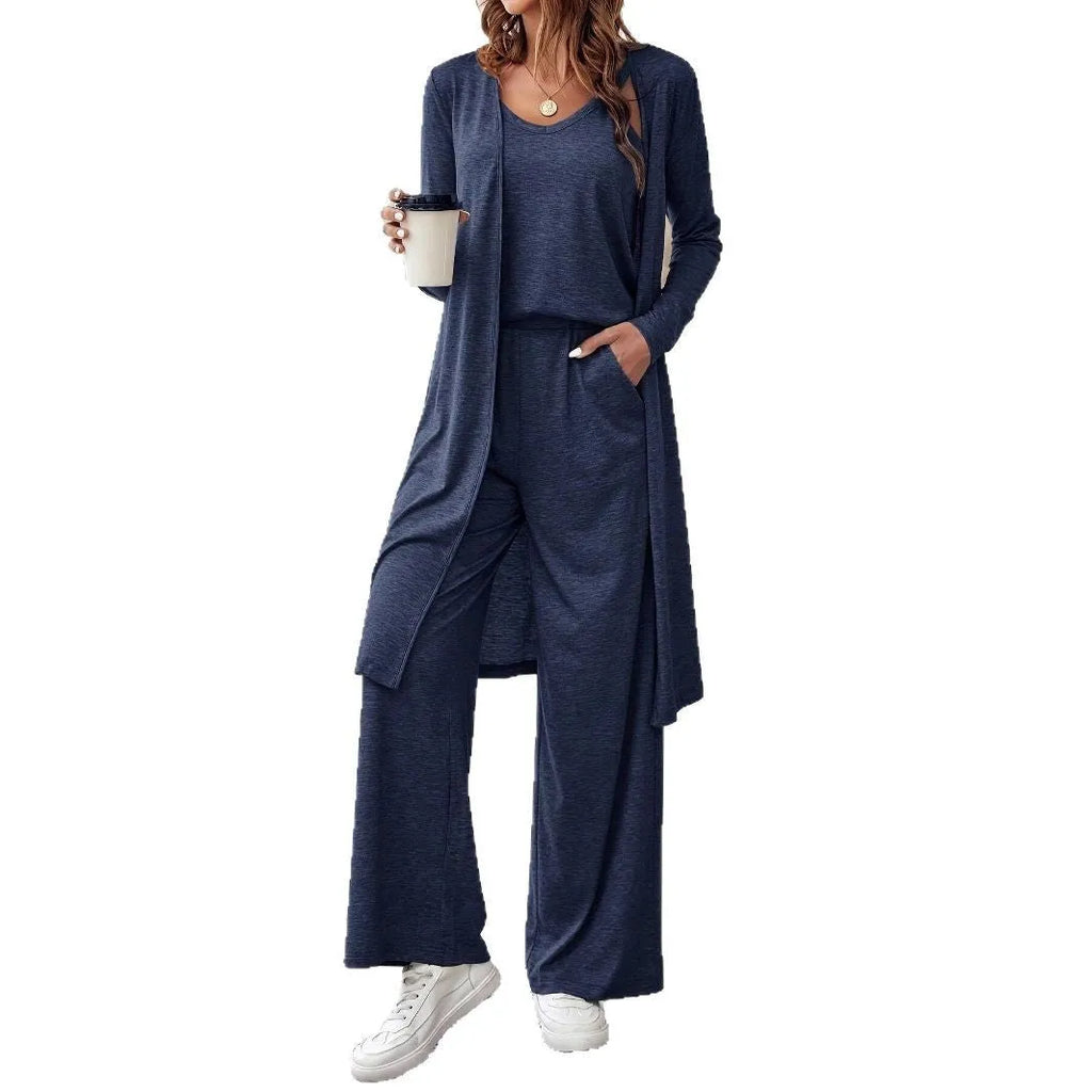 Blue women's three-piece casual suit with trousers, sling top, and long cardigan in Japanese Korean style
