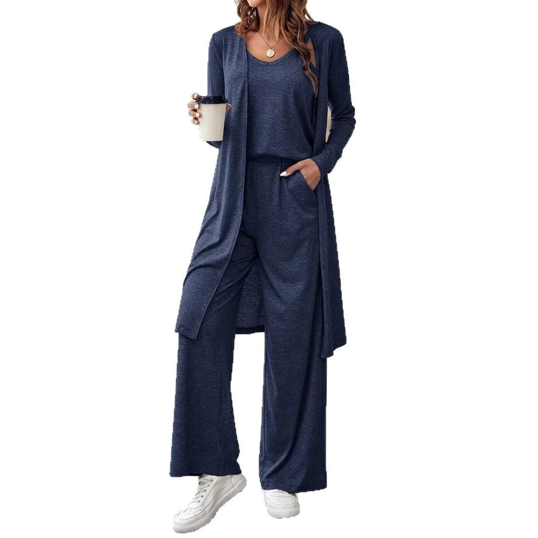 Blue women's three-piece casual suit with trousers, sling top, and long cardigan in Japanese Korean style