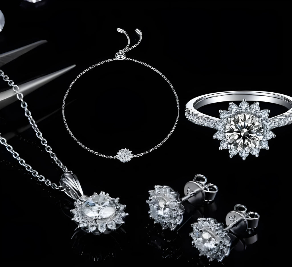 925 silver three piece jewellery set with moissanite pendant, stud earrings, and bracelet on white background