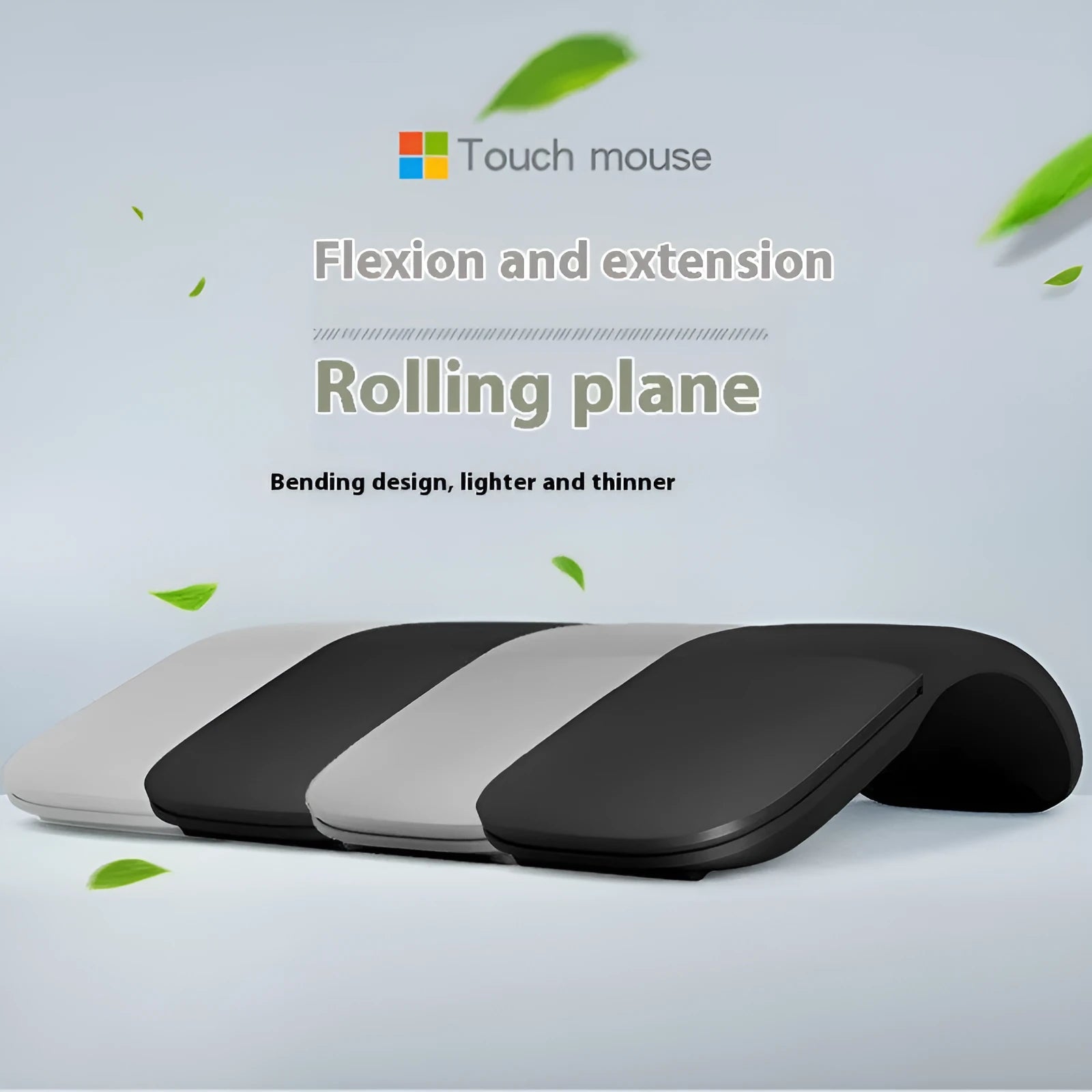 Folding wireless Bluetooth mouse shown in both extended and collapsed positions with touch surface visible