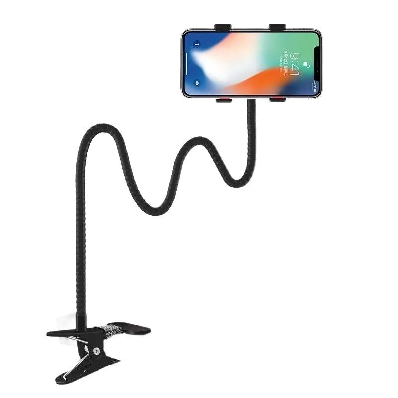 Metal lazy stand gadget with phone clip in black on a desk showing 95cm height and rotary head