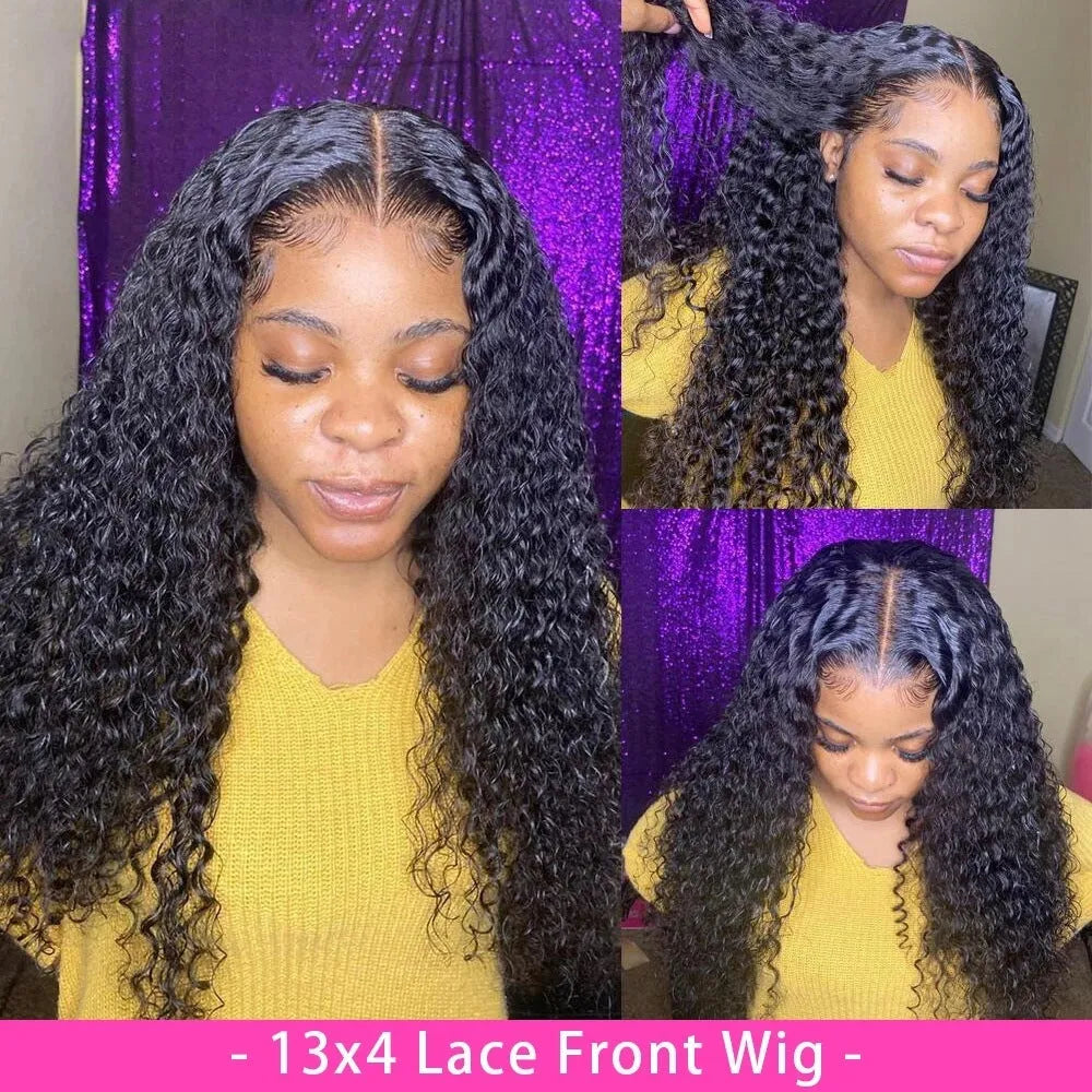 Curly human hair lace front wig on a stand showing long length and natural wave pattern