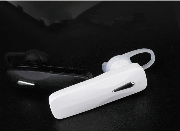 M163 Black and White Bluetooth car headset for hands-free calling and music control.