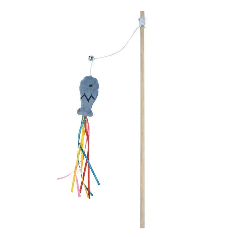 Colourful cat wand toy with ribbons, catnip fish, and bell on wooden handle