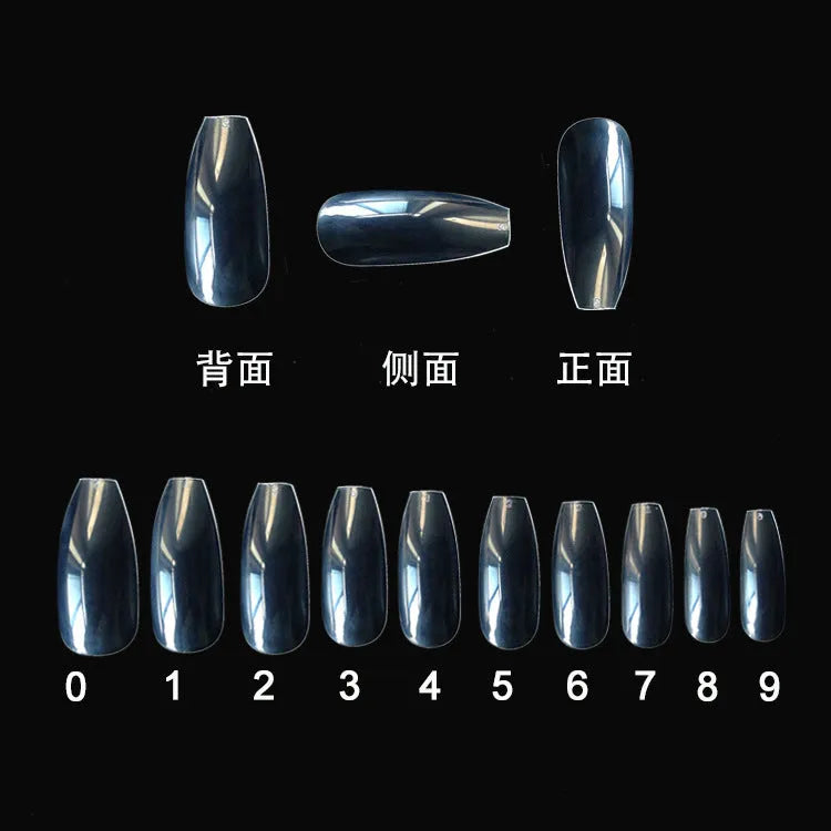 500 clear transparent false nails in 10 sizes arranged on a table, made from ABS plastic