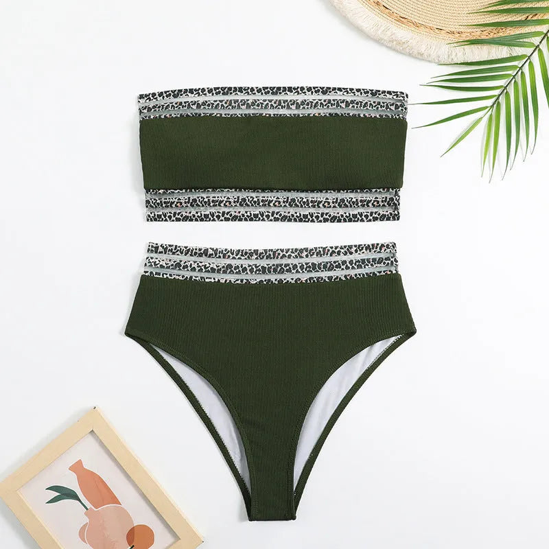Black strapless split swimsuit with leopard print splicing detail, two-piece bikini set with briefs style