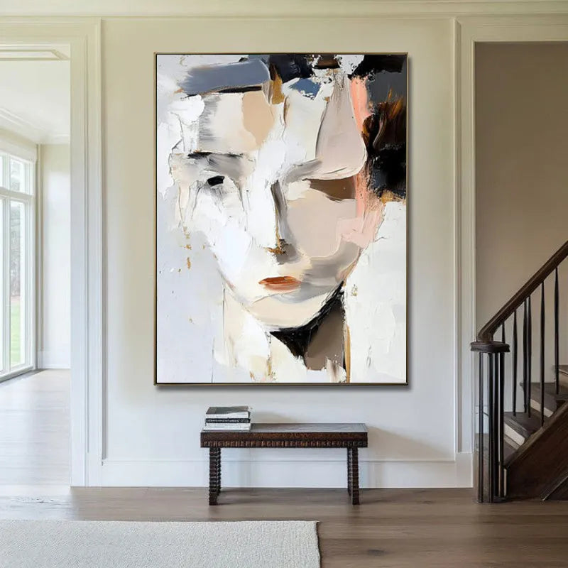 Abstract woman portrait hand-painted oil painting on canvas, black and white, modern wall art for living room