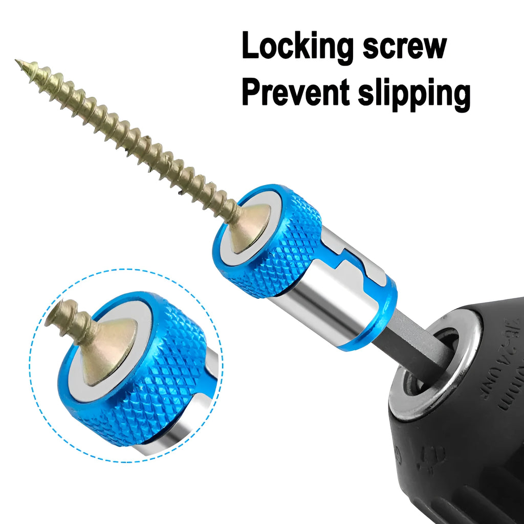 Light blue magnetic screwdriver bit with slotted tip and magnetic ring