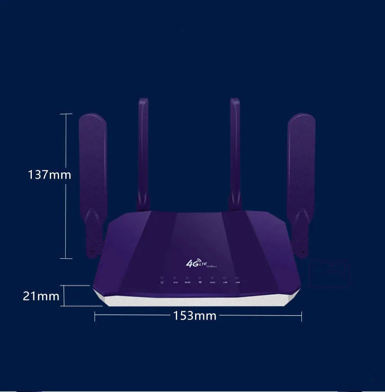 Blue 4G dual mode router with four antennas, compact rectangular design