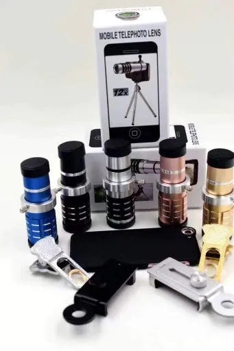 12X telephoto lens for mobile phone camera in red colour, compatible with iPhone and Samsung smartphones