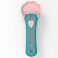 Green and pink pet food extrusion scoop with a squeezer dispenser for cat and dog treats