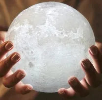 3D printed moon lamp with touch metal ring control on wooden stand, showing white and yellow light settings
