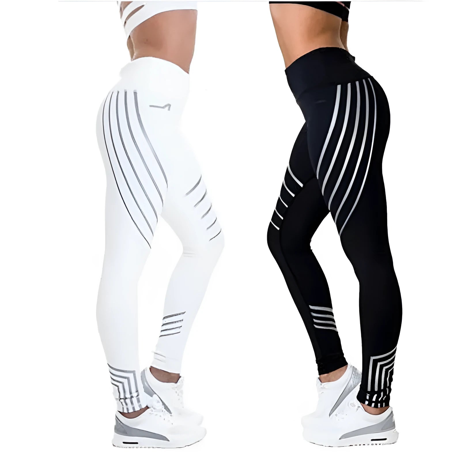 Women's black and white milk silk fitness leggings with night glowing print, slim-fit design.