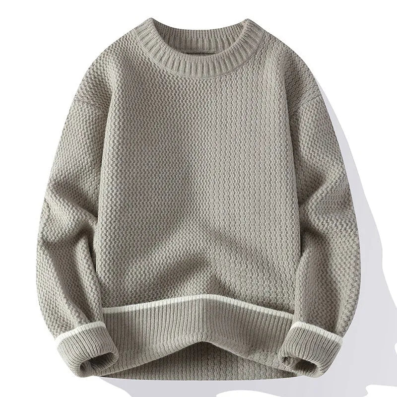 Men's grey round neck loose fitting casual sweater with long sleeves for autumn wear
