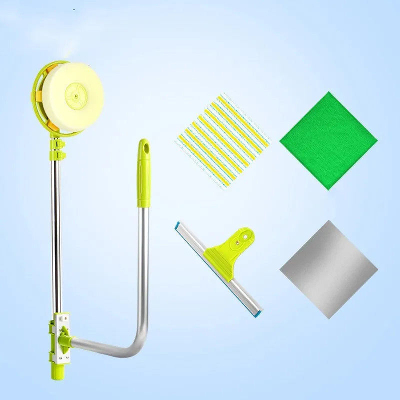 Green glass wiper with telescopic aluminium rod and squeegee tool for window cleaning