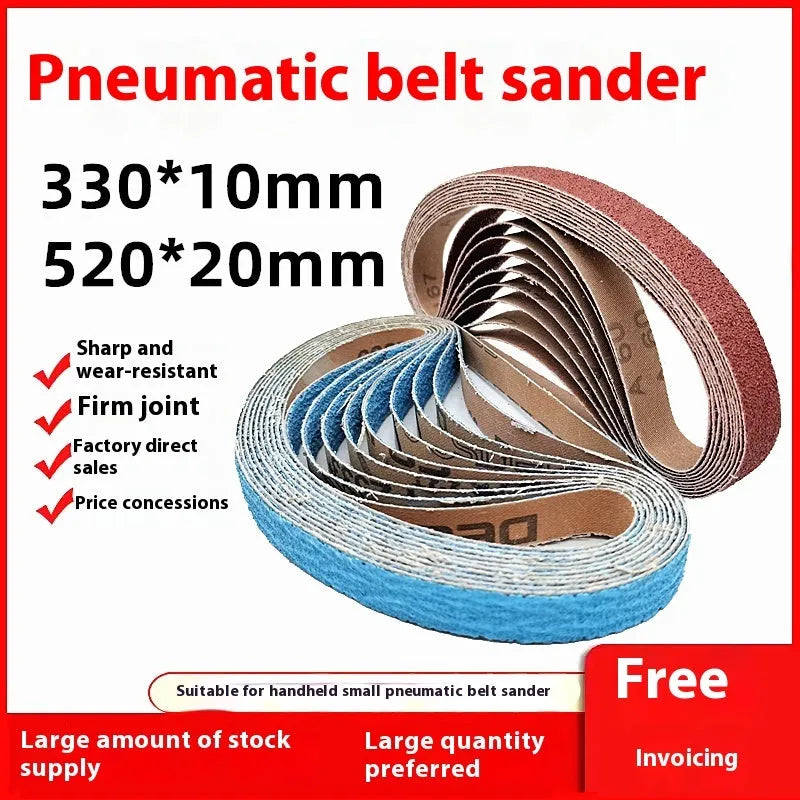 Small pneumatic belt sander 10x330mm for metal polishing with roll ring and alumina abrasive belt