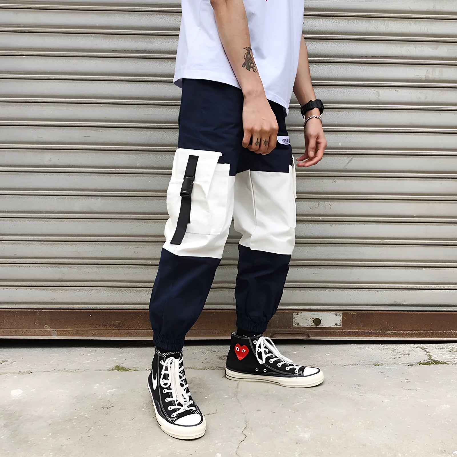Men's workwear casual pants in black, blue, and gray cotton blend fabric with sizes M to 2XL
