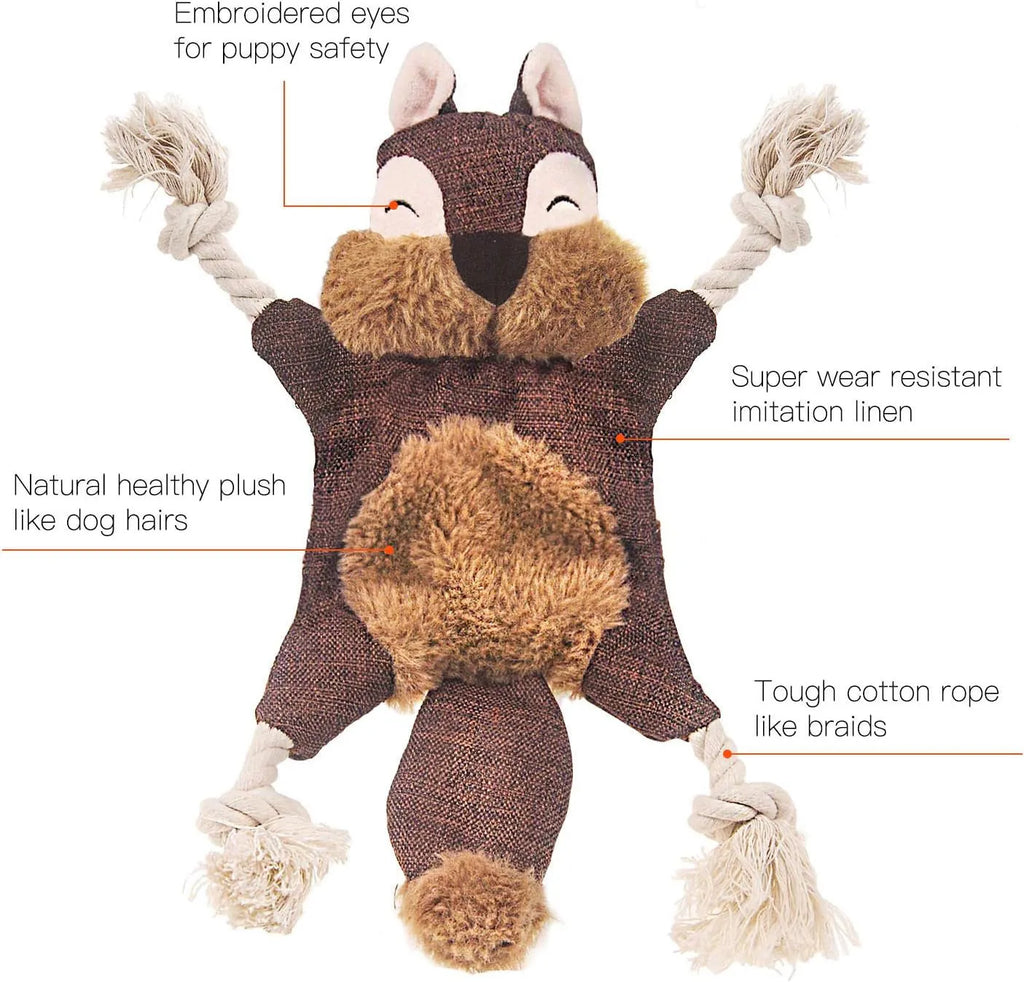 Brown fox-shaped dog toy with embroidered eyes, cotton rope limbs, and crinkle paper body