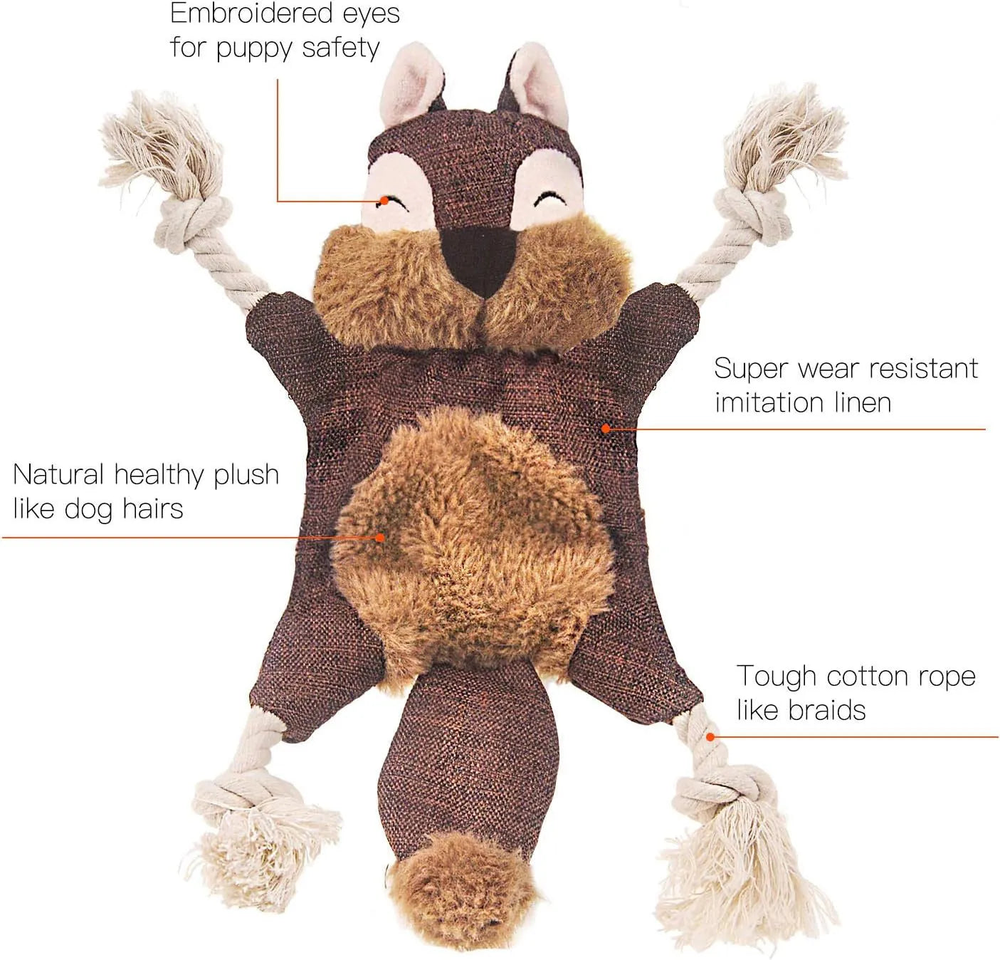 Brown fox-shaped dog toy with embroidered eyes, cotton rope limbs, and crinkle paper body