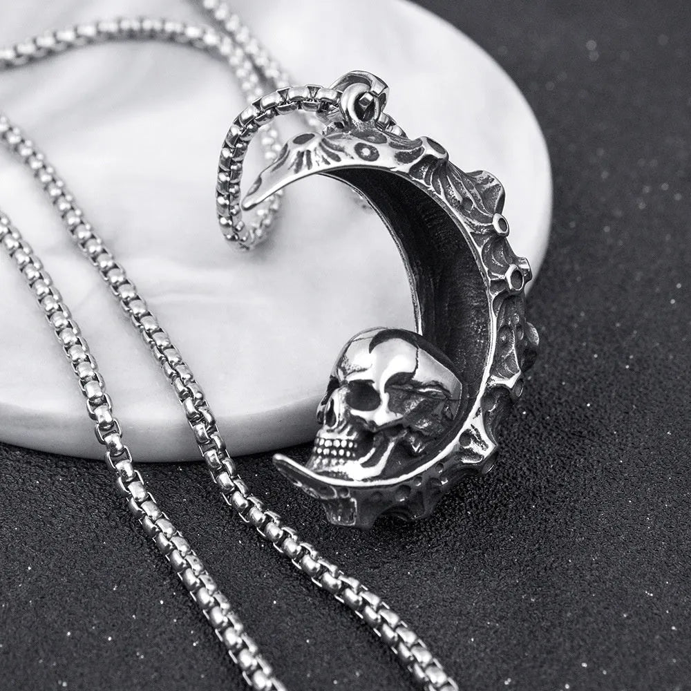 Silver stainless steel men's skull necklace with alloy pendant in six design variations