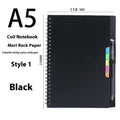 Erasable coil notebook with customisable cover options including black, blue, and wood grain designs.