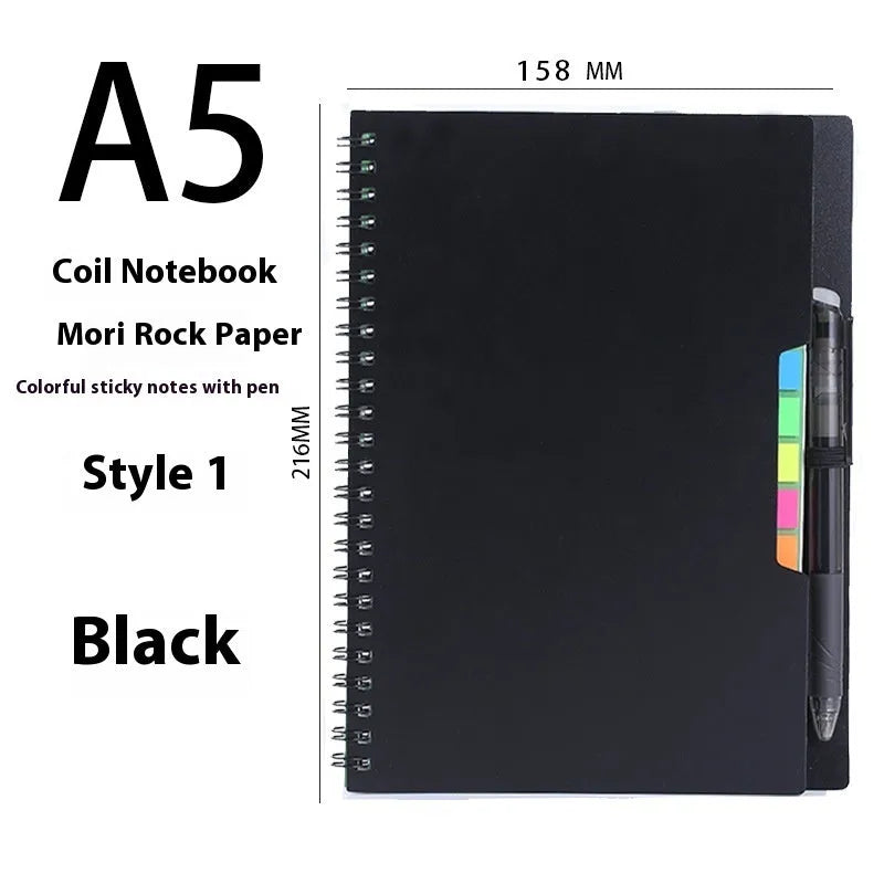 Erasable coil notebook with customisable cover options including black, blue, and wood grain designs.