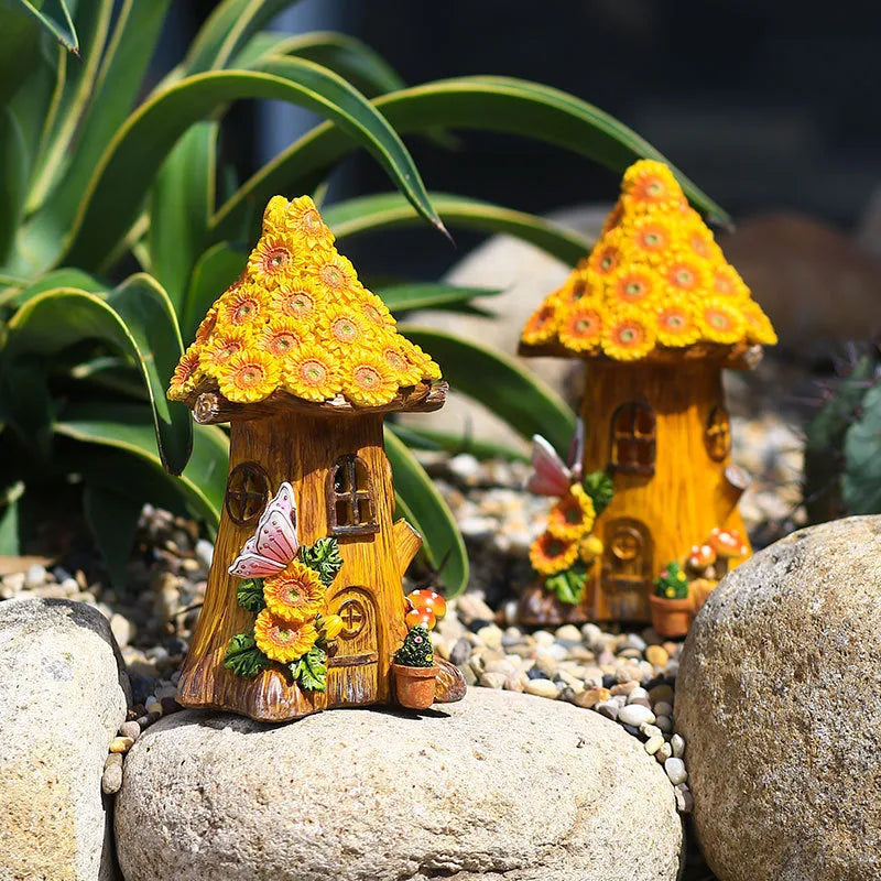 Resin solar lamp decoration tree house hand-painted cartoon pastoral style for outdoor garden lawn