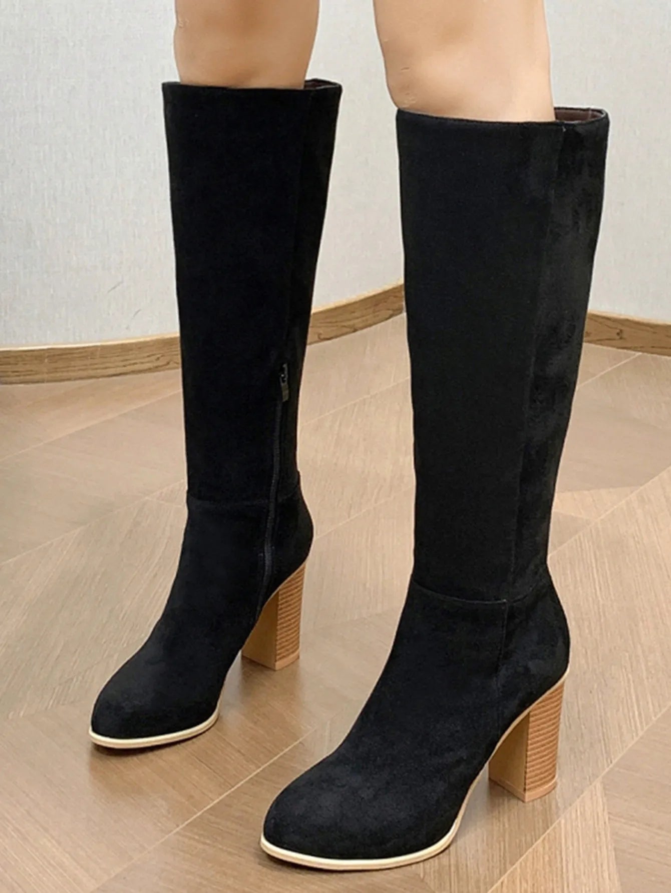 Women's square toe high heel boots in black or dark brown, showing artificial PU upper construction