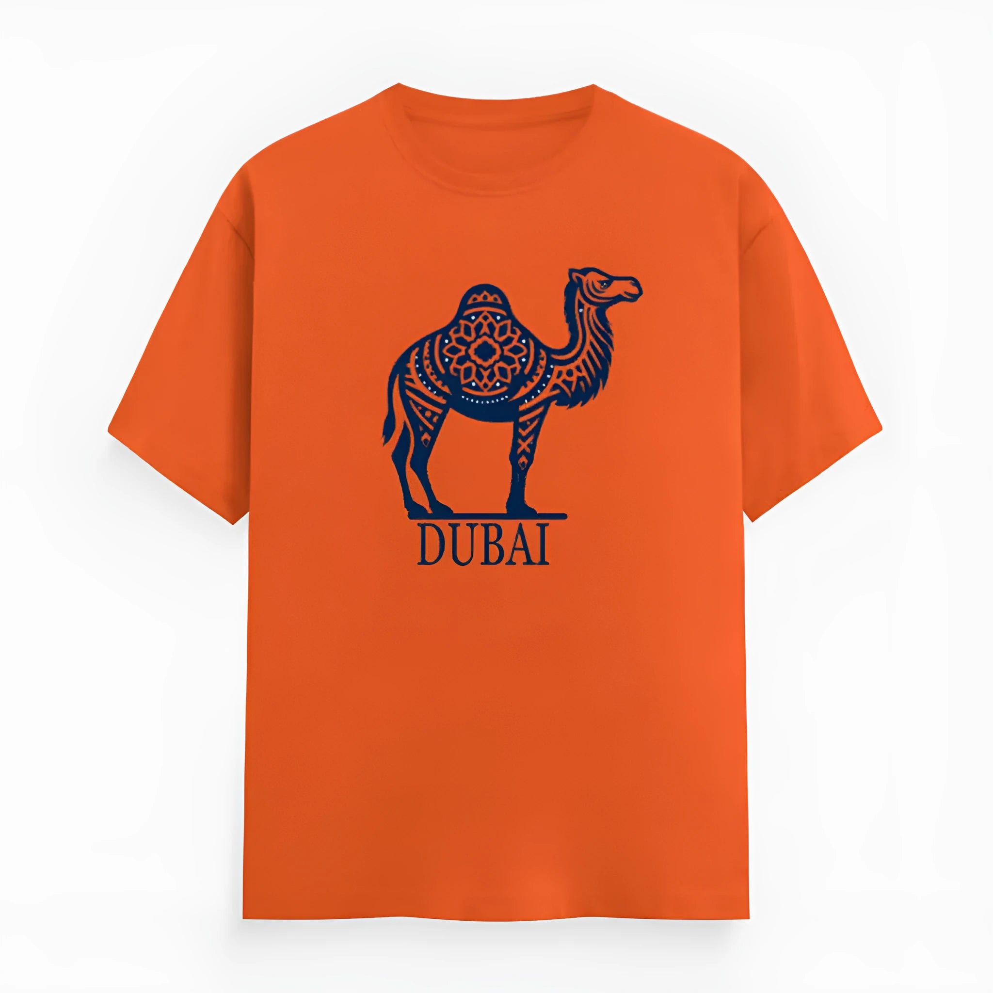 Orange loose-fit cotton T-shirt with short sleeves and a round neck on a hanger.