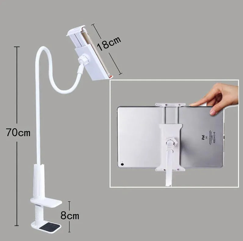 Black bedside oversize flat panel mobile phone stand with long flexible arm extended on a wooden table.