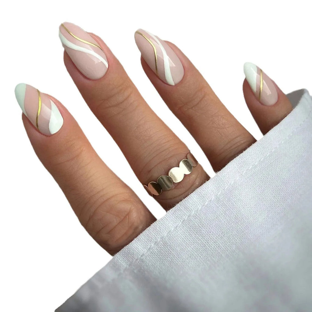 Golden lines plaid pattern on medium drop-shaped wearable nail stickers with jelly glue adhesive.