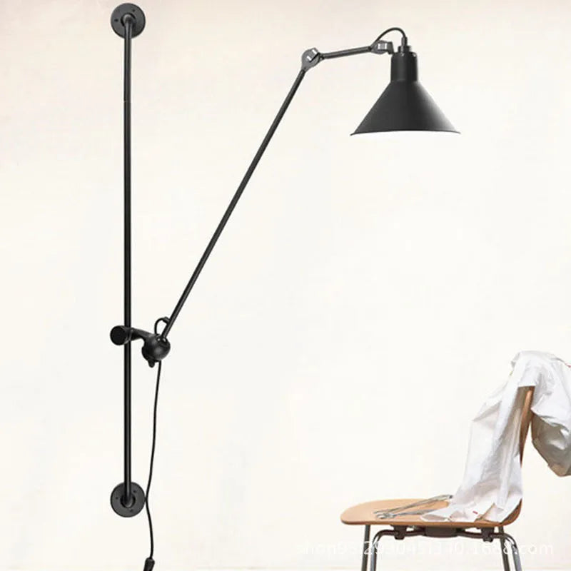 Nordic style rotating rocker arm wall lamp with black iron lampshade and warm bulb