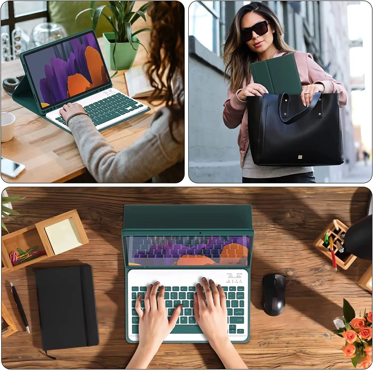 Samsung Galaxy tablet in a TPU protective case with a matching Bluetooth keyboard and charging mouse.