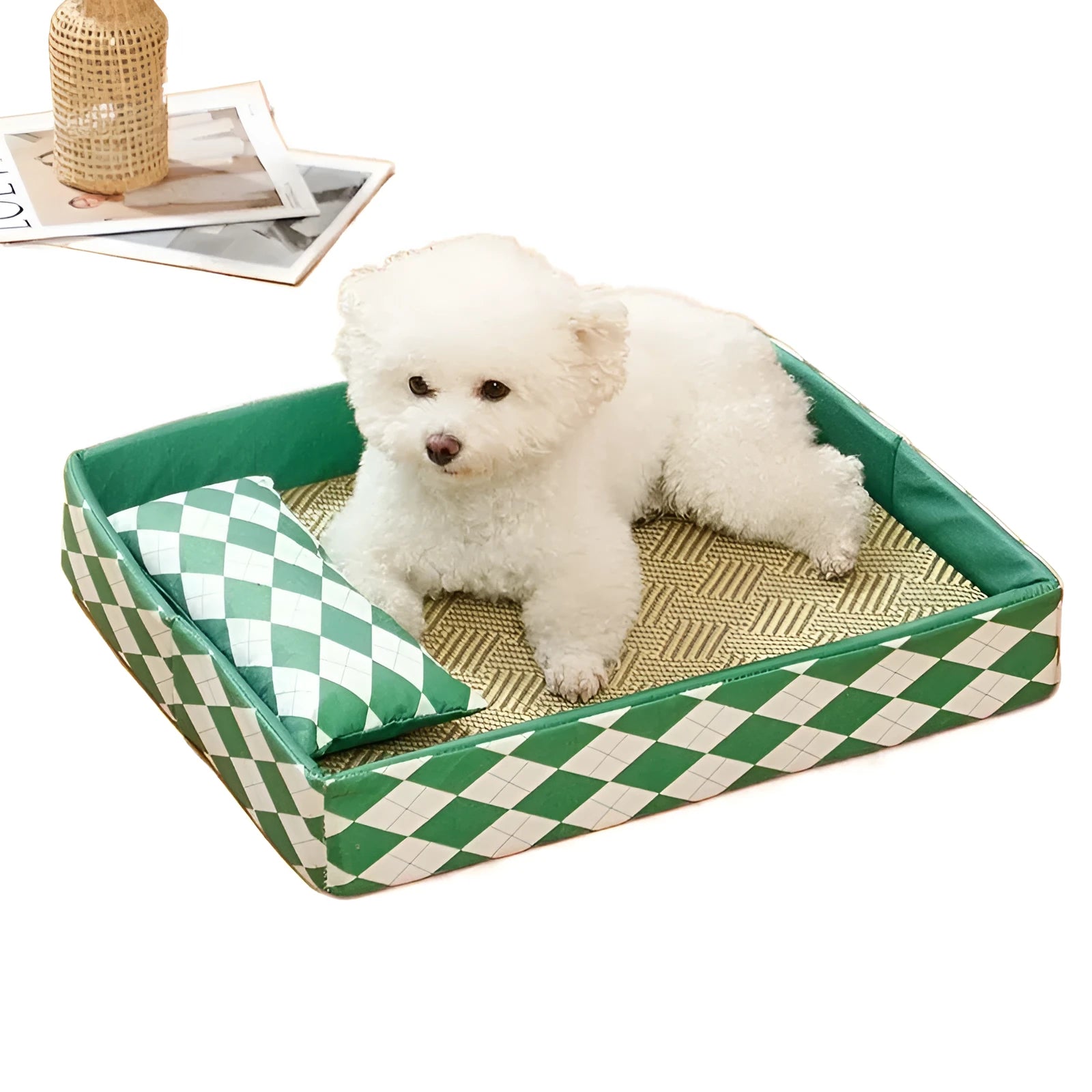 Blue woven rattan cat litter mat and bed in a medium size on a wooden floor.