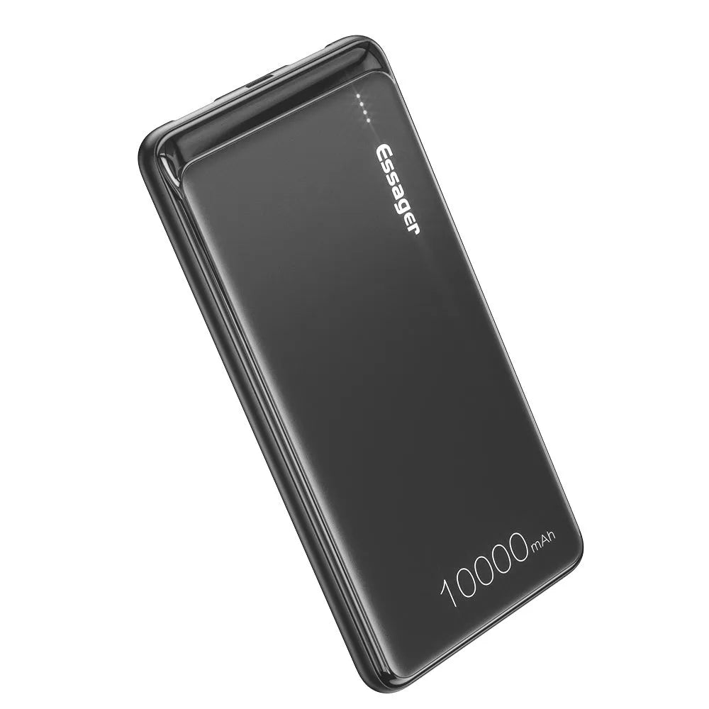 Essager Small Jane black and white 10000mAh portable power bank showing dual USB ports and LED indicator lights