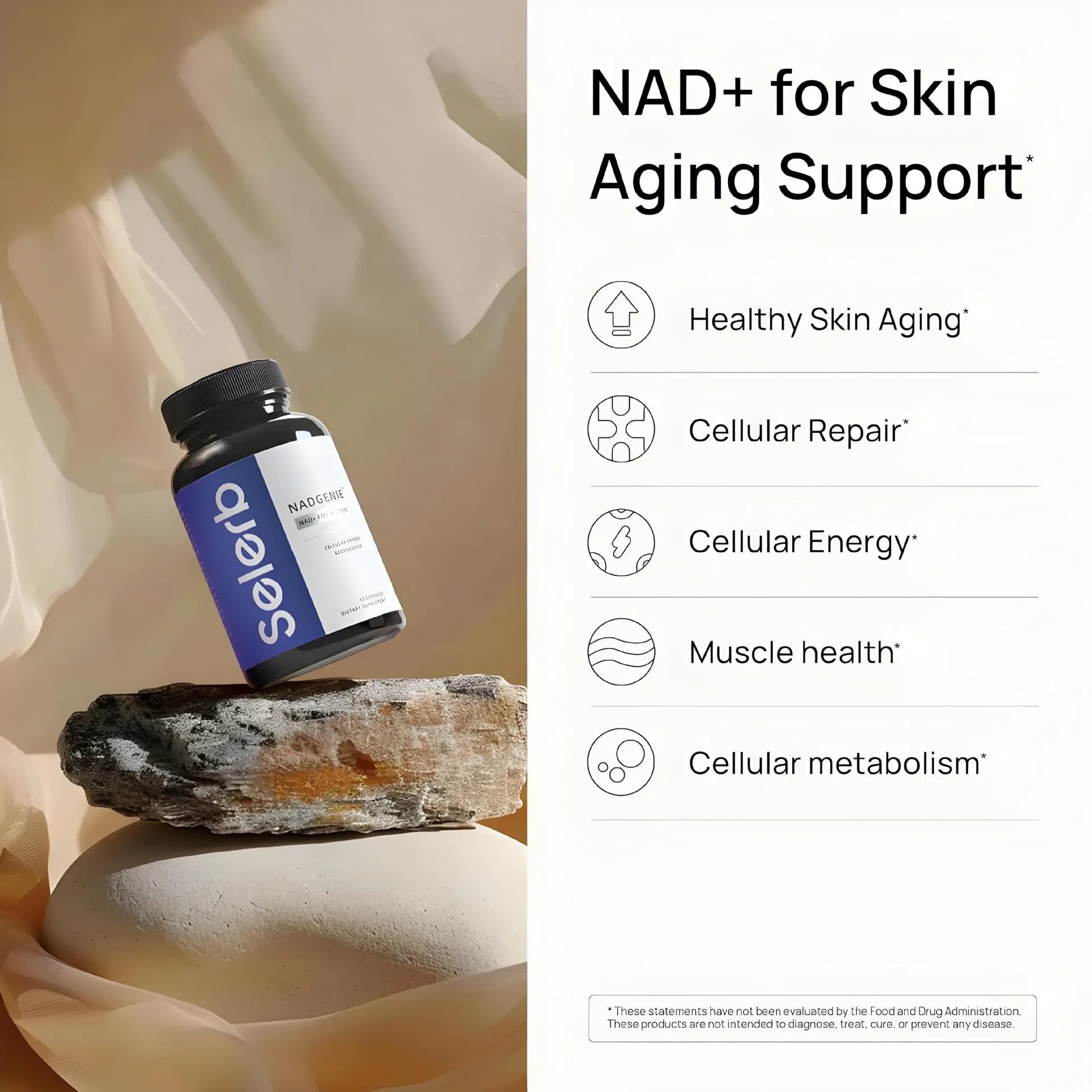 Men's NAD capsule supplement bottle with 30 tablets, extraction process formula