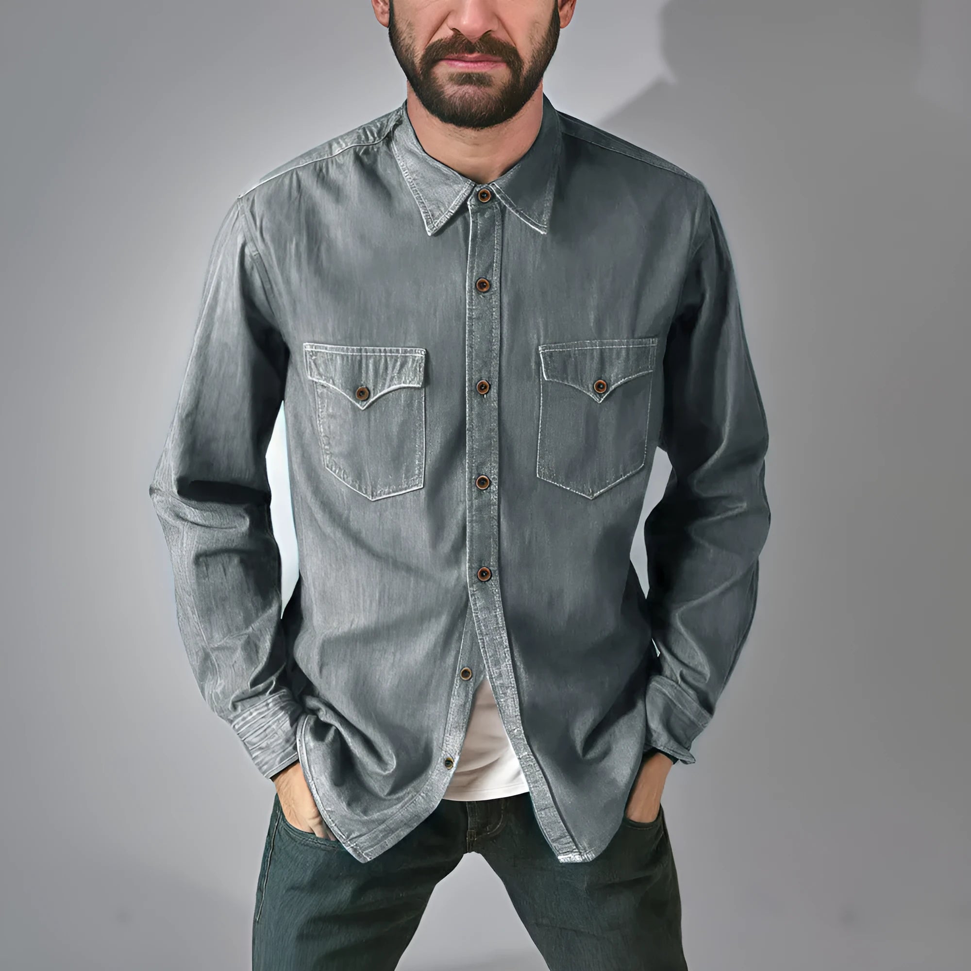 Men's cotton denim cardigan coat shown in khaki, black, blue, and grey colour options.