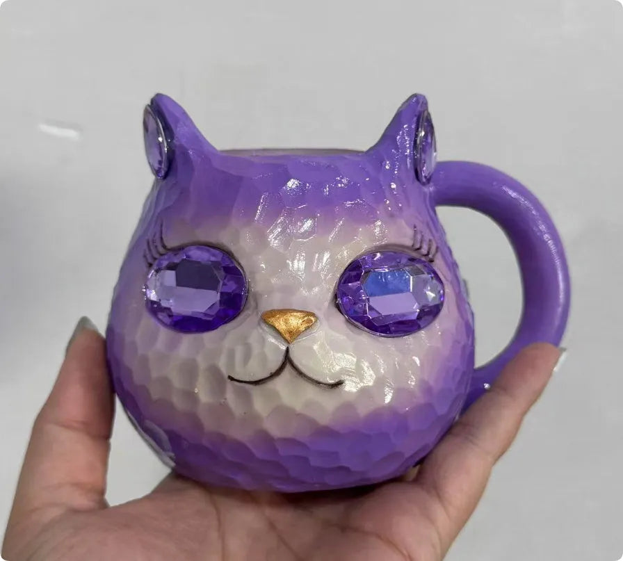 American style resin cat cup decoration in blue, green, pink, or purple colour.