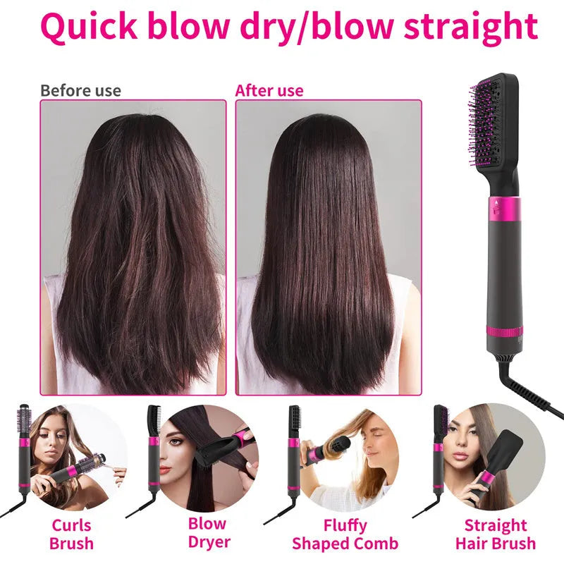 Dyson grey 5-in-1 hair dryer brush styling tool with hollow, nozzle, straight, and curly brush attachments