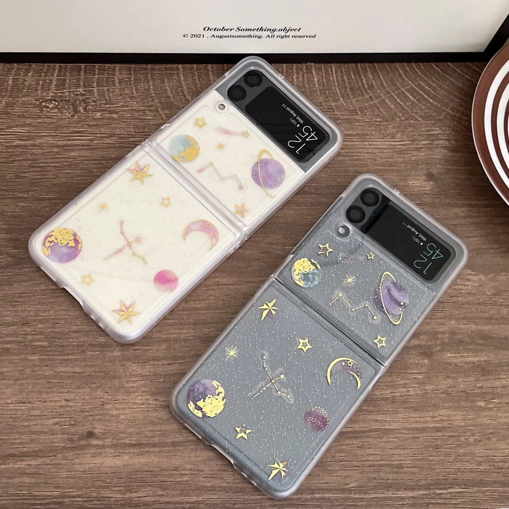 Drip glue rear phone case for Samsung ZFlip3 ZFlip4 with Star Moon pattern, shockproof, anti-drop, ins style
