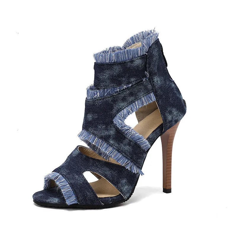 Woman wearing dark blue denim high heel sandals for summer, plus size fit with extended sizing options