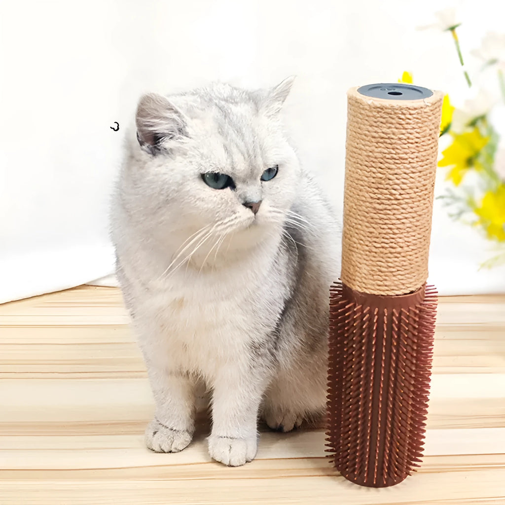 Brown sisal cat scratching post with face scratching device and toy attachment measuring 30cm tall