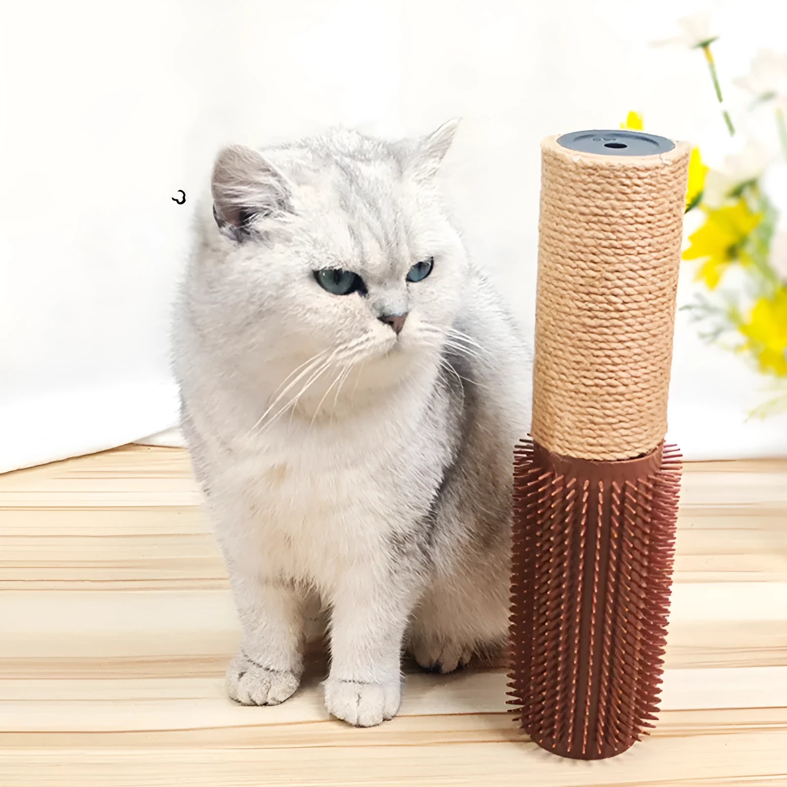 Brown sisal cat scratching post with face scratching device and toy attachment measuring 30cm tall