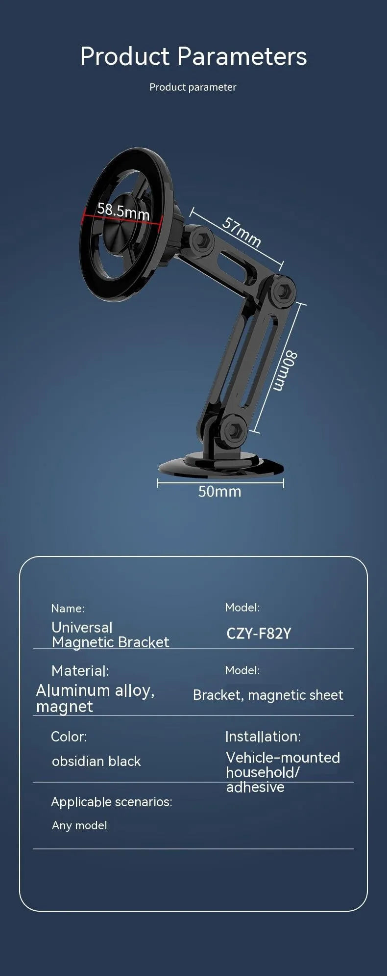 All-metal magnetic car phone holder in black, mounted on a car dashboard, holding a mobile phone.