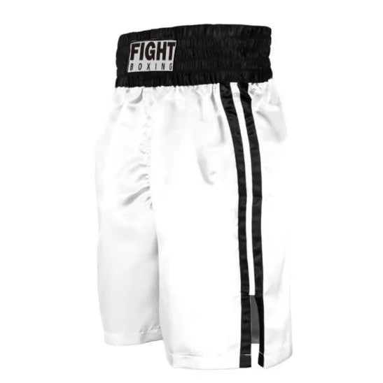 Black and white striped boxing shorts with elastic waistband and side slits for kickboxing training.