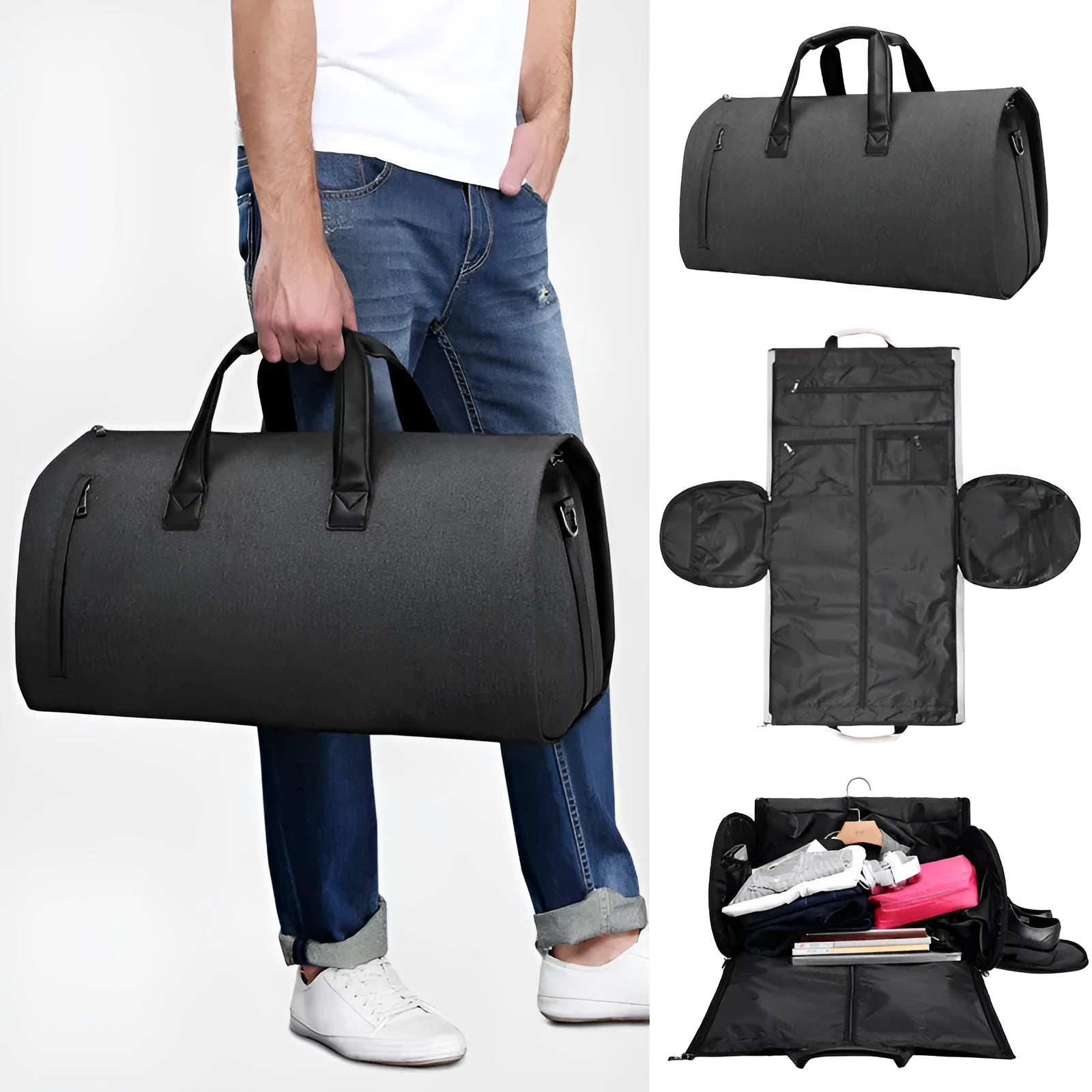 Light grey oval travel bag with multiple internal compartments including a camera insert and wet/dry separation bags.