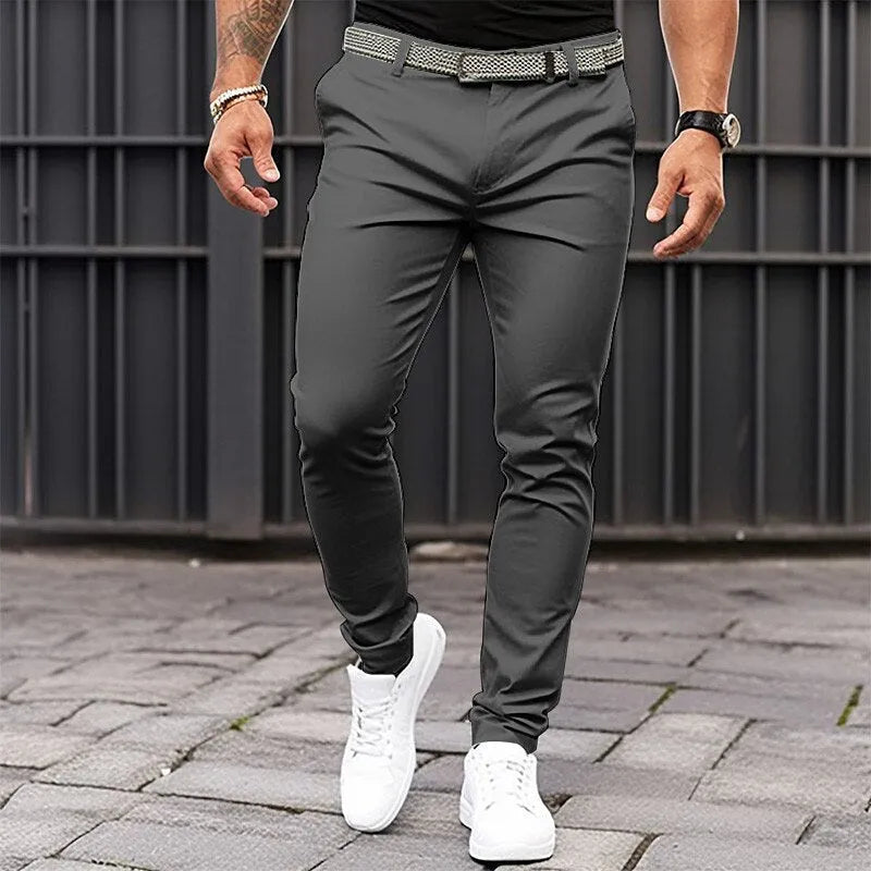 Men's pure colour slim-fit trousers in black, micro-elastic cotton blend, side pockets, mid-waist zip placket